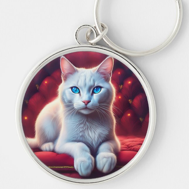 Vacker blå Eyed Albino Cat på exotisk röd Soffa Rund Silverfärgad Nyckelring (Framsidan)