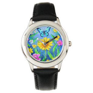 Vacker blå fjäril i en blomma armbandsur