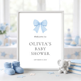 Vacker blå ginghambåge välkomst baby shower poster