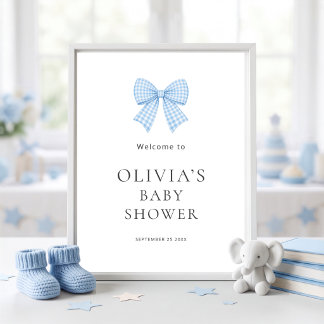 Vacker blå ginghambåge välkomst baby shower  poster