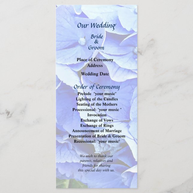 Vacker blå Hydrangea Bröllopsprogram Program (Framsida)