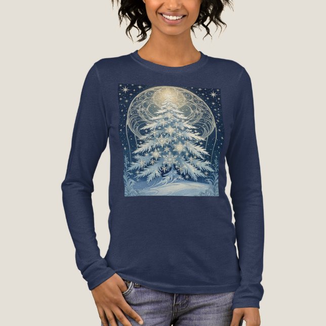 Vacker blå julgran snö och stjärnor t shirt (Framsida)