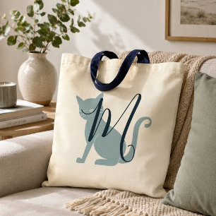 Vacker blå kattmonogramväska tygkasse