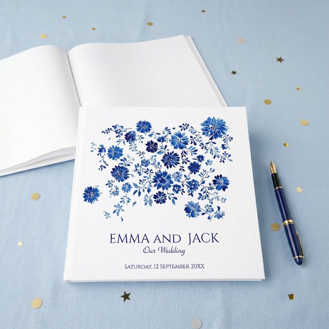 Vacker blå kineseri blomsterbröllopsgästbok gästböcker (Pretty Blue Chinoiserie Floral Wedding Guest Book)