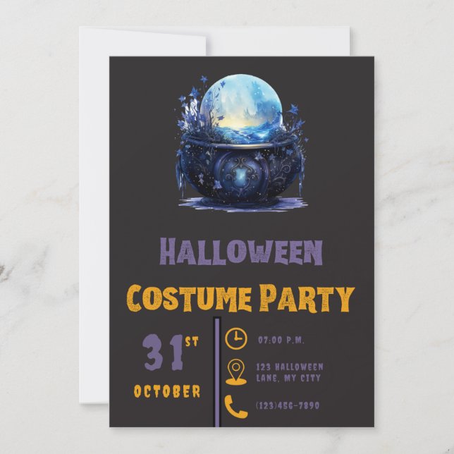 Vacker Blå Kristallboll Svart Halloween Inbjudningar (Framsida)