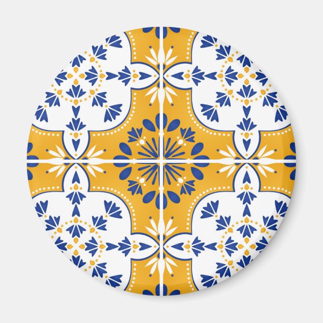 Vacker blå och gul portugisisk Azulejo Magnet (Framsidan)