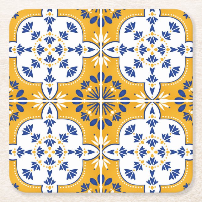 Vacker blå och gul portugisisk Azulejo Underlägg Papper Kvadrat (Framsidan)
