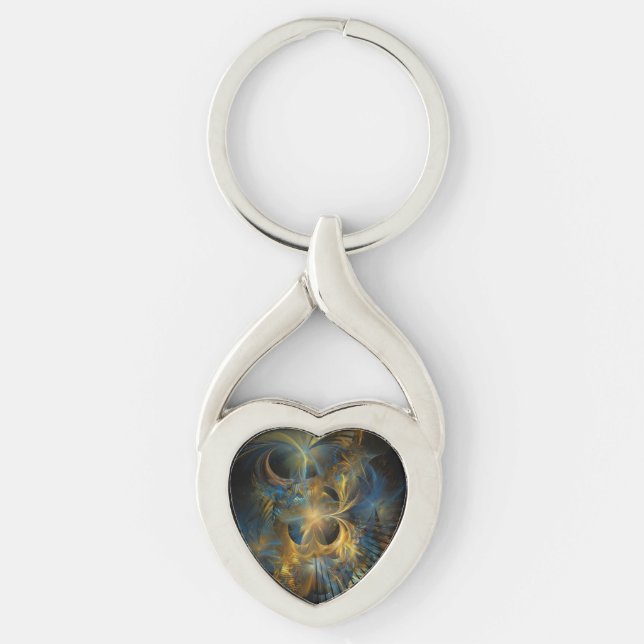 Vacker blå och guld fraktal  twisted heart silverfärgad nyckelring (Framsidan)