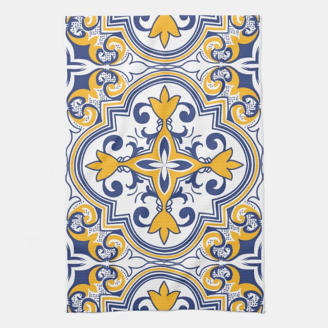 💙 💛 Vacker blå och gult Azulejos 9 Kökshandduk (Vertikal)