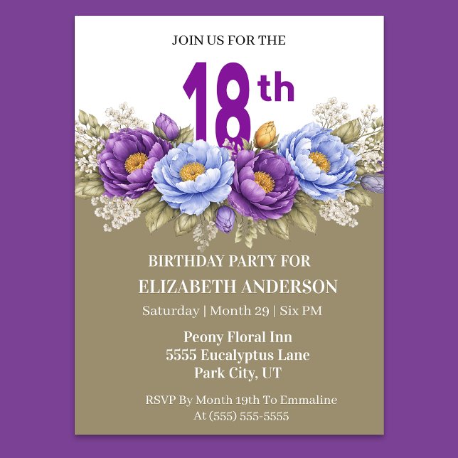 Vacker blå och lila Peony 18-årsdag Inbjudningar (Elegant purple and blue peony floral 18th birthday invitation)