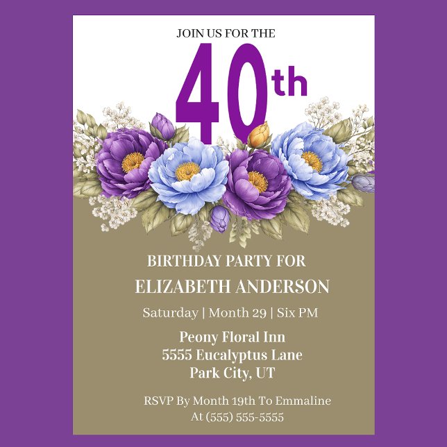 Vacker blå och lila Peony 40-årsdag Inbjudningar (Elegant 40th birthday invitation with purple and blue peony flowers)