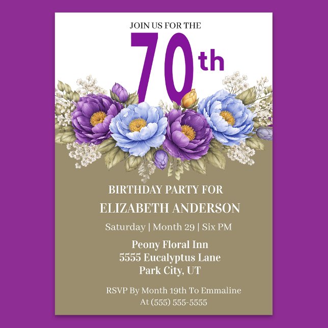 Vacker blå och lila Peony 70-årsdag Inbjudningar (Elegant 70th birthday invitation with purple and blue peony flowers)
