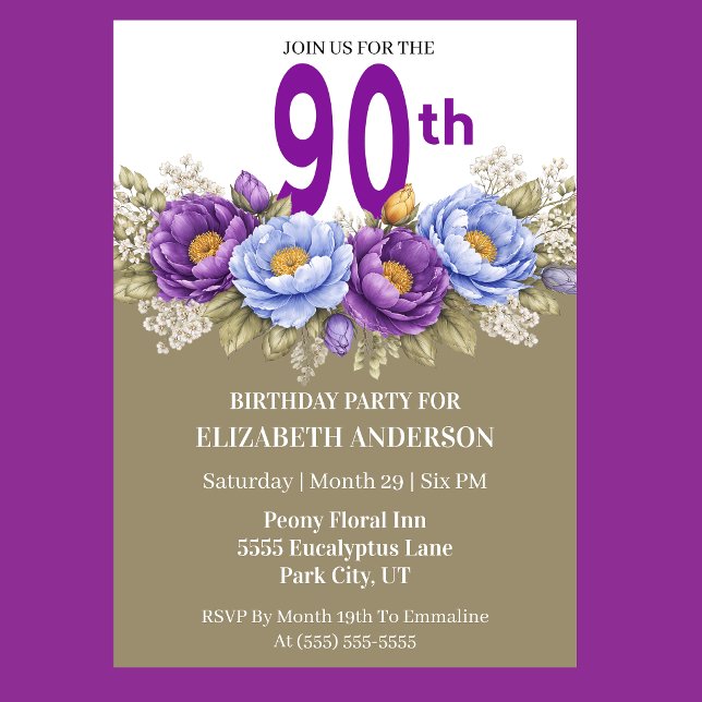 Vacker blå och lila Peony 90-årsdag Inbjudningar (Elegant blue and purple peony floral 90th birthday invitation)
