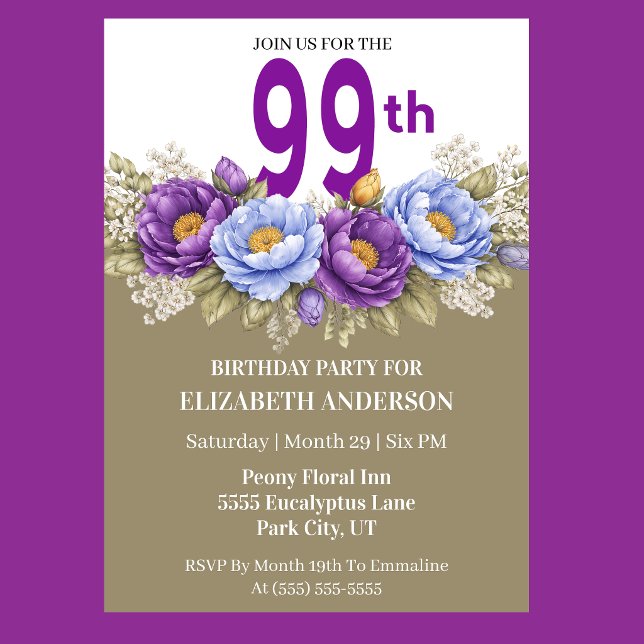 Vacker blå och lila Peony 99-årsdag Inbjudningar (Elegant blue and purple peony floral 99th birthday invitation)