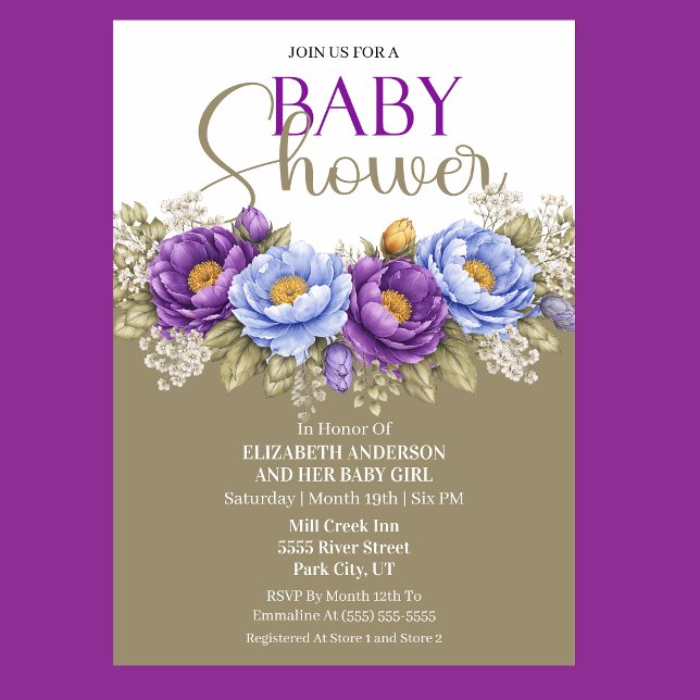Vacker Blå och Lila Pionflicka Bebisens Första Dag Inbjudningar (Elegant blue and purple peony floral baby shower invitation)