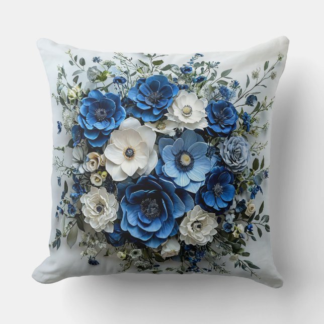 Vacker blå och vit blomsterarrangemang kudde (Framsida)