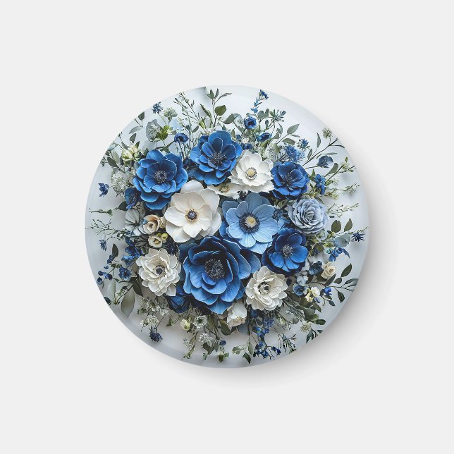 Vacker blå och vit blomsterarrangemang magnet (Framsidan)