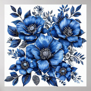 Vacker blå och vit blomsterarrangemang poster