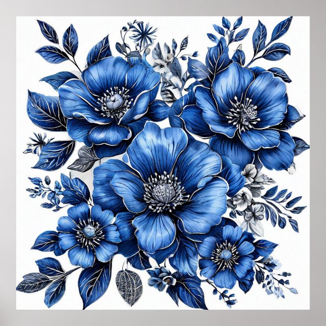 Vacker blå och vit blomsterarrangemang poster (Framsidan)