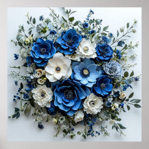 Vacker blå och vit blomsterarrangemang poster