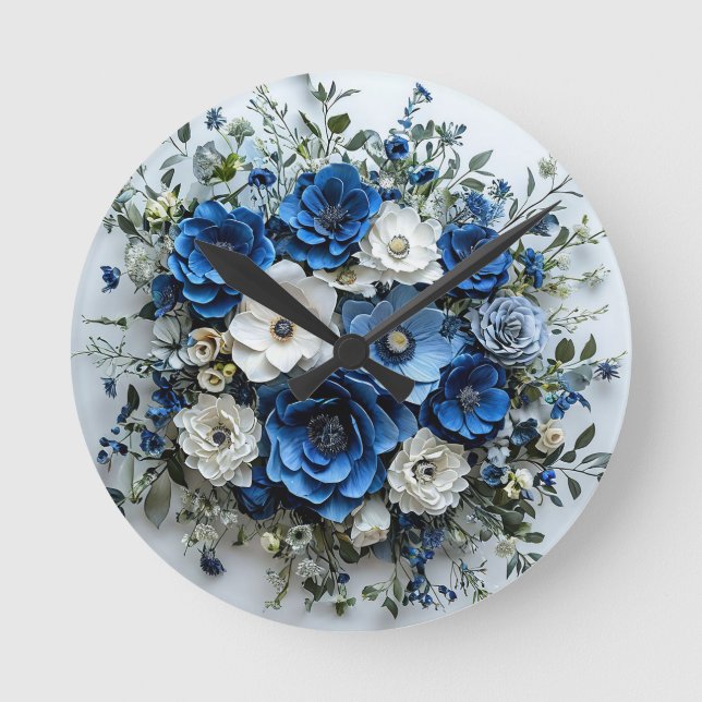 Vacker blå och vit blomsterarrangemang rund klocka (Framsida)