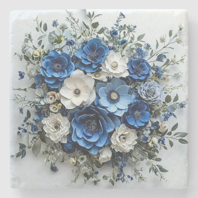 Vacker blå och vit blomsterarrangemang stenunderlägg (Framsidan)
