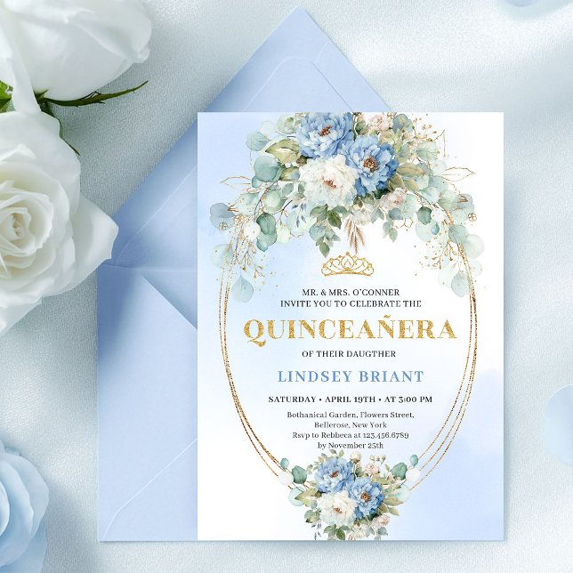Vacker blå peoniguldblomma Quinceañera-inbjudan Inbjudningar (Pretty Blue Peony Gold Floral Quinceañera Invite)