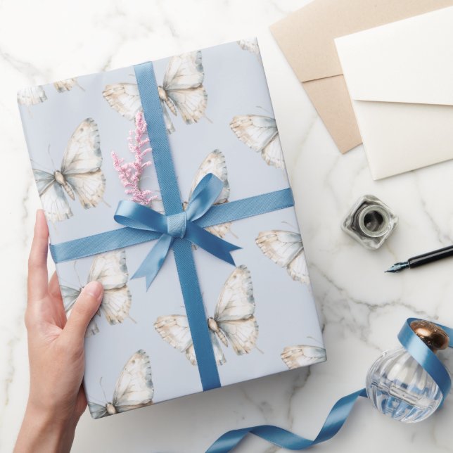 Vacker blå vit fjäril bröllopsfest presentpapper (Gifting)