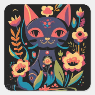 Vacker Black Cat Sticker Fyrkantigt Klistermärke