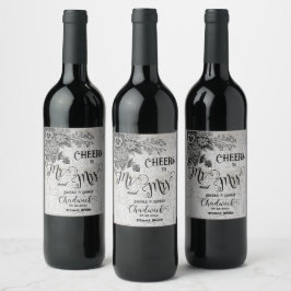Vacker Black/Grått Flowers Vin Flaska-etikett Vinflaska Etikett