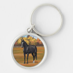 Vacker Black Quarter Horse Stallion Rund Silverfärgad Nyckelring