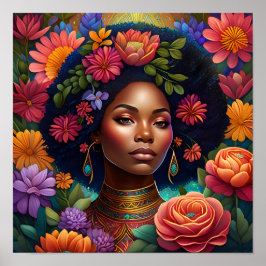 Vacker Black Woman, omgiven av Flowers Poster