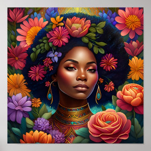 Vacker Black Woman, omgiven av Flowers Poster