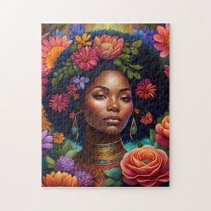 Vacker Black Woman, omgiven av Flowers Pussel