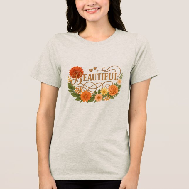 Vacker blomkonst | Positivt broderad t-shirt för f (Framsida)