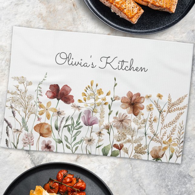 Vacker Blommig Akvarell Vildblomma Trädgård Kökshandduk (In situ)