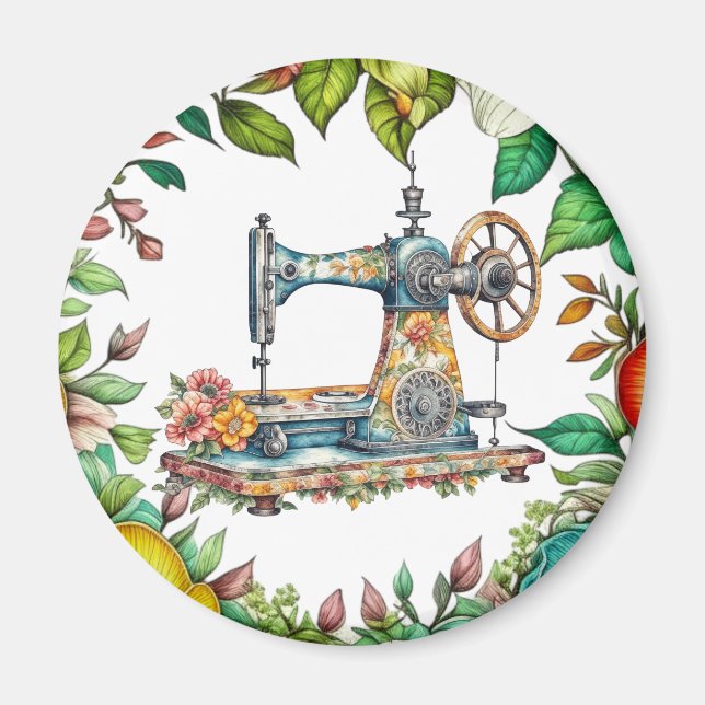 Vacker Blommig Gammal Symaskin Jul Magnet (Framsidan)