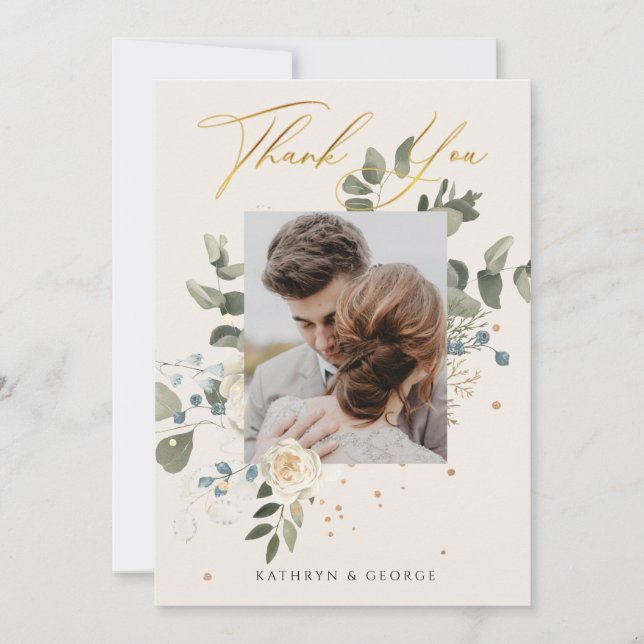 Vacker Blommig Guld Kalligrafi Bröllopsfoto Tack Kort (Framsida)