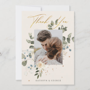 Vacker Blommig Guld Kalligrafi Bröllopsfoto Tack Kort