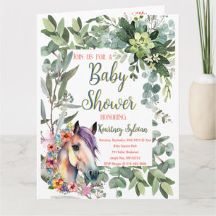 Vacker Blommig Häst Bebis Shower i Vattenfärg Kort