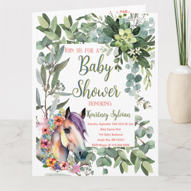 Vacker Blommig Häst Bebis Shower i Vattenfärg Kort (Framsida)
