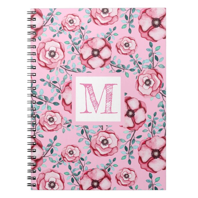 Vacker blommig mönster rosa monogram  anteckningsbok (Framsidan)