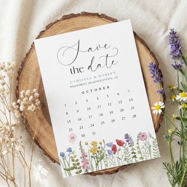 Vacker Blommig Vildblomma Bröllopskalender Spara Datumet (modern save the date calendar wildflower wedding invitation in romantic script calligraphy)