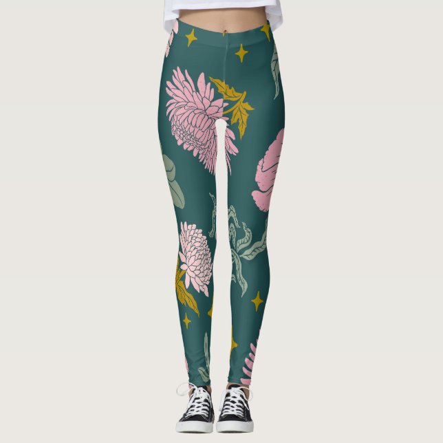 Vacker blommigt för elegant Turkos och rosa Leggings (Framsida)