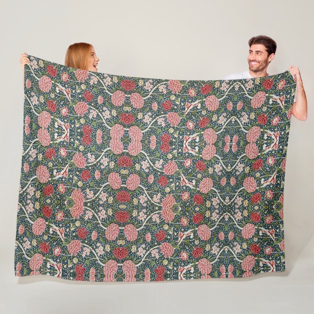 Vacker Blommönster Foliage Flowers Red Rosa Fleecefilt (På plats)