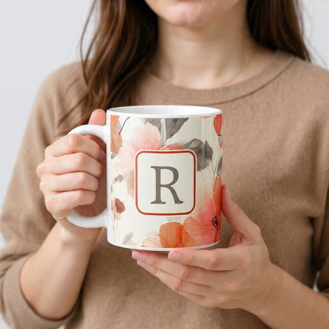 Vacker blommönsterbokstavsmall Monogram Anpassad Jumbo Mugg (Pretty Flower Monogram Template Personalized BIG Coffee Mug 20oz mug from Ricaso. Monogrammed 
)