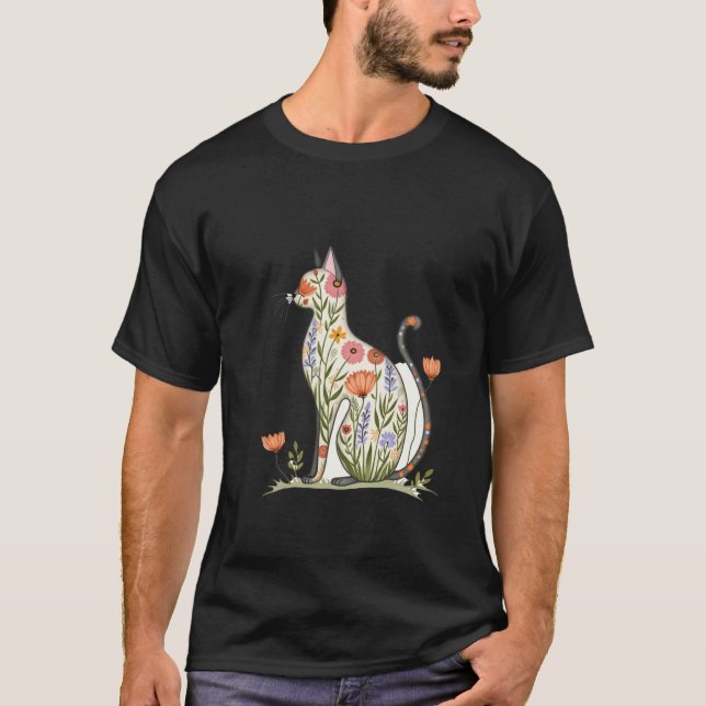 Vacker blomster siluett katt t shirt (Framsida)