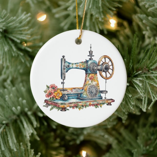 Vacker blomster vintage symaskin jul julgransprydnad keramik (Träd)