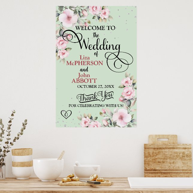 Vacker blomsterbröllop Välkomstskylt Elegant Botan Poster (Kök)