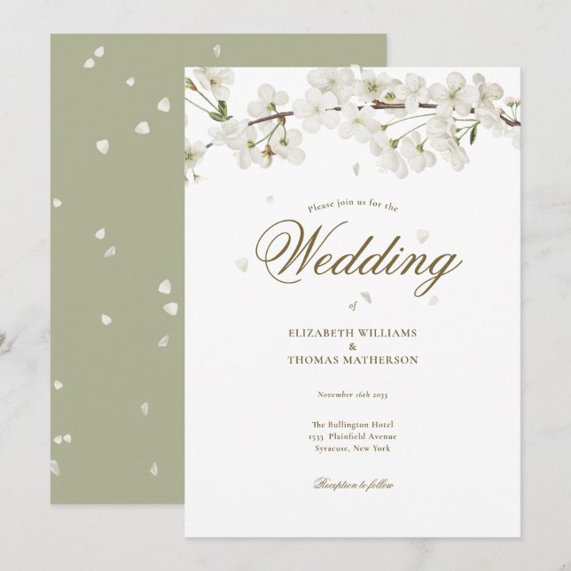 Vacker blomsterbröllop vit blomning inbjudningar (Fram/baksida)